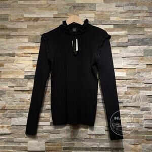 Gracia Stud Trim Ruffle Neck Black Sweater L | Y2K Glam, Beaded Holiday Knit NWT